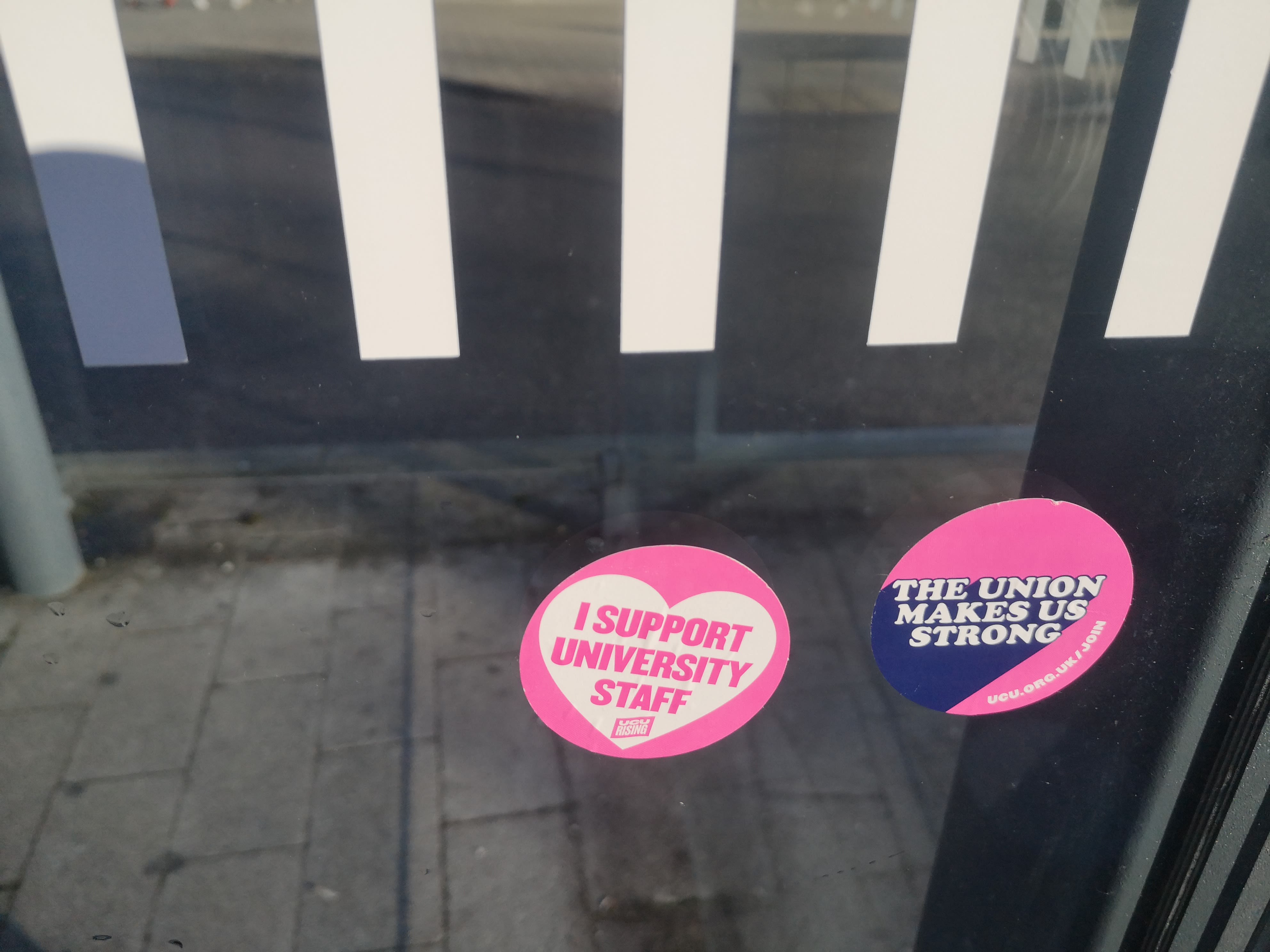 Pro-UCU stickers at the Warwick bus interchange